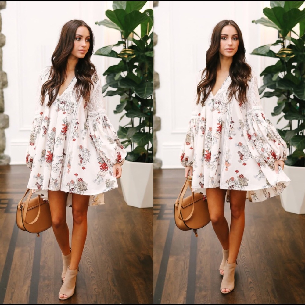 Fun, Floral Lace Puffy Sleeve White Dress - Picture 4 of 9